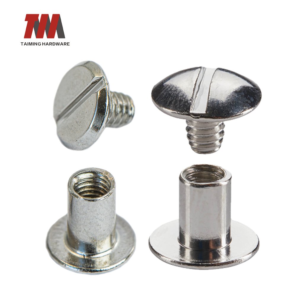 A Chicago Screw is a two-part component consisting of a screw and a post used to bind materials together, similar to a double-capped rivet, except that the connection is not permanently set and can be unscrewed and reused. Typically made from brass, steel, or aluminum