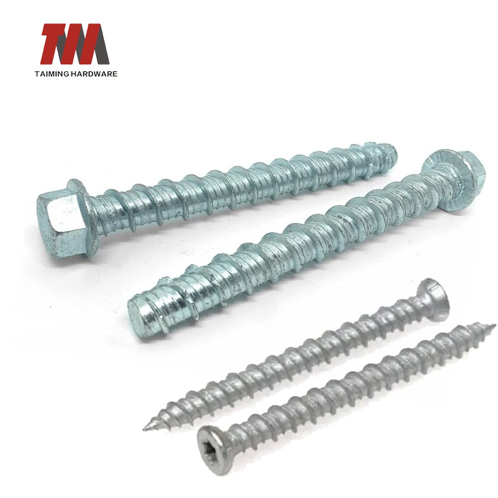 Concrete screws may also be called concrete anchors, concrete fasteners, or in the USA they are often called by the brand name Tapcon screws. Concrete screws are a quick and easy way of fastening to concrete, they do not require hammering like other fasteners.They have high-low threads, where the high thread is sharp and deeply cut to allow for maximum holding power in the base material, while the low thread provides stability.