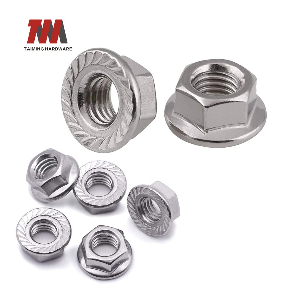 Zinc-plated hex flange nut with serrated base for vibration-resistant fastening