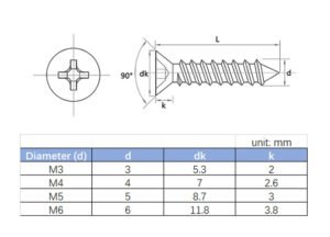 Flat head tapping screw for wood and metal fastening with countersunk design